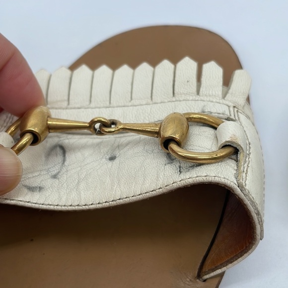 Gucci White leather trim horsebit flat slide sandals 39.5 - Picture 6 of 11